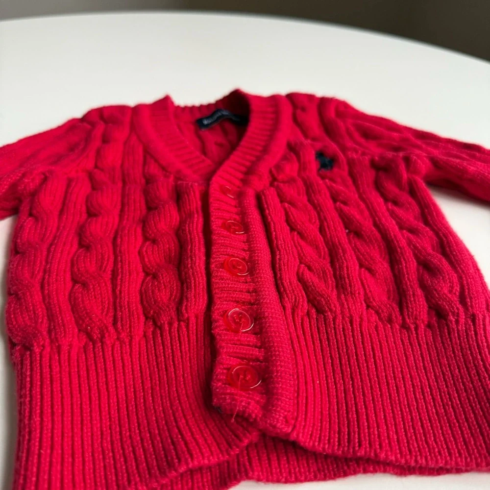 Ralph Lauren Baby Cable Knit Cardigan Sweater Red 18-24 Months 100% Cotton